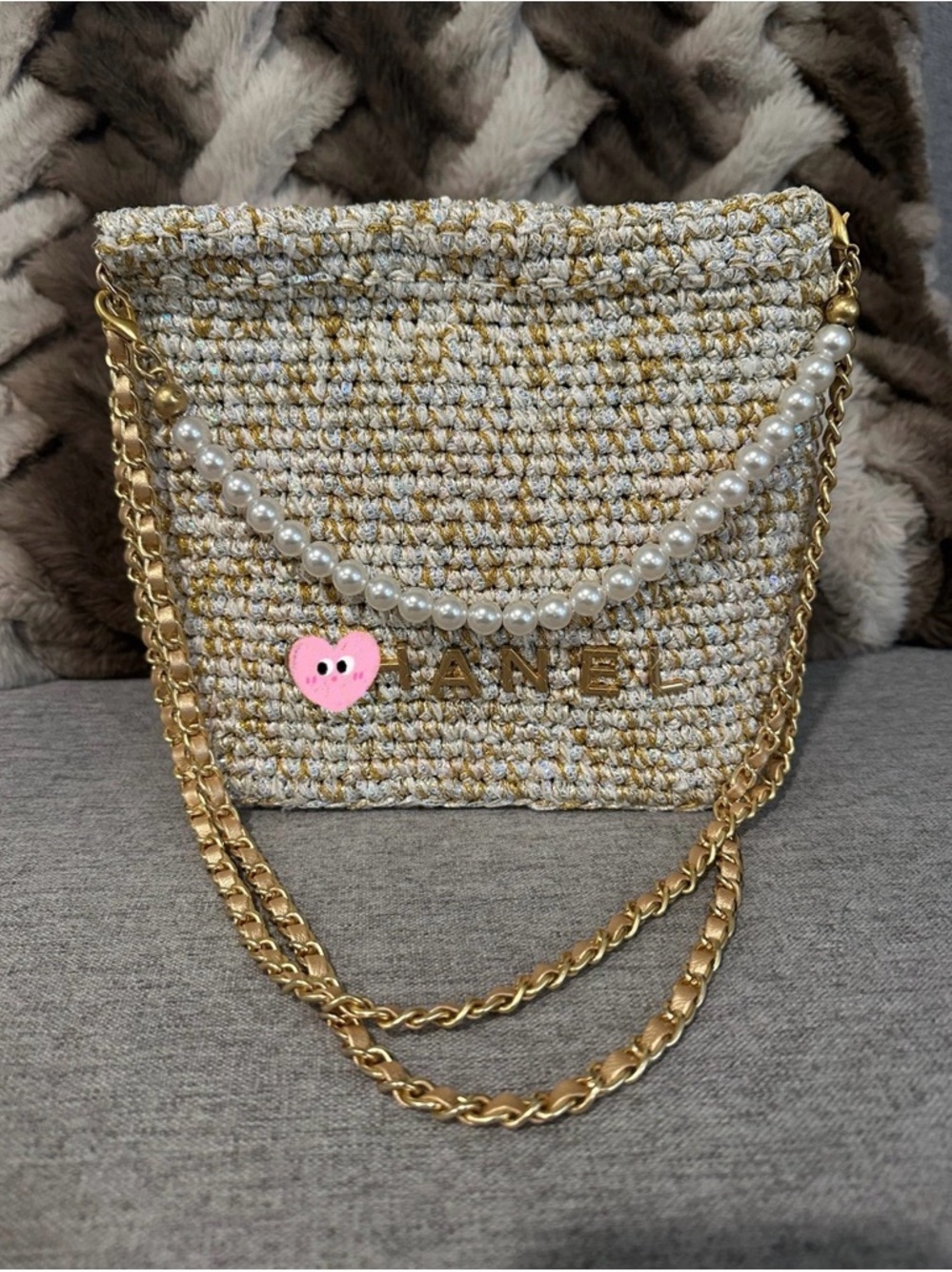 Handmade Pearl-Trim Tweed Crossbody Bag in Ivory and Gold